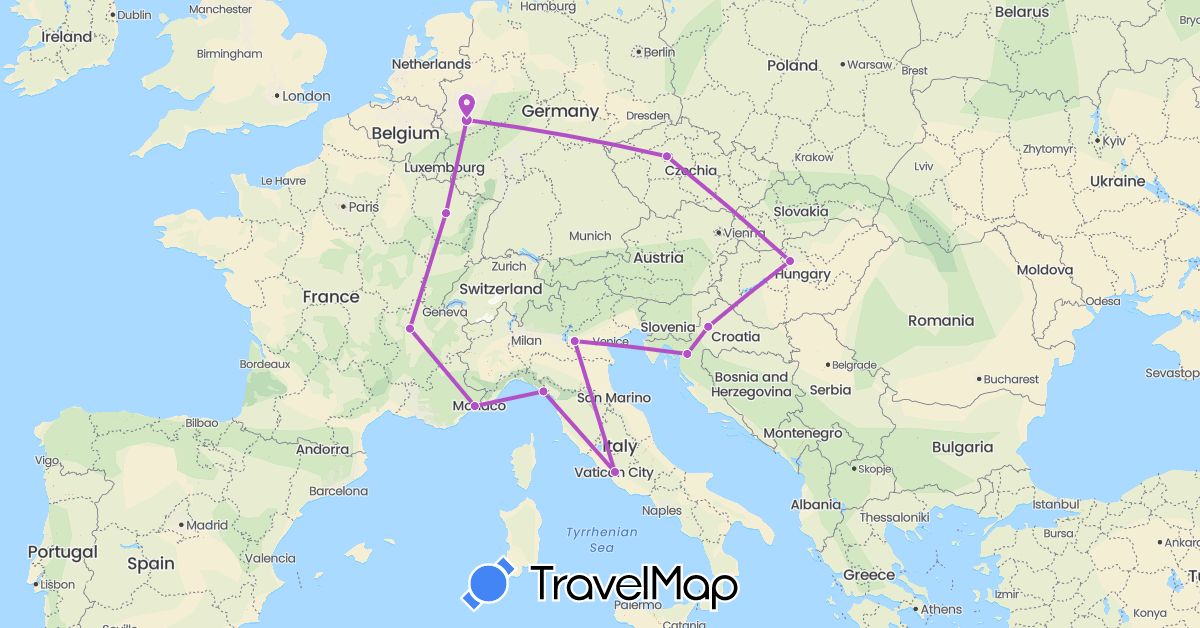 TravelMap itinerary: driving, train in Czech Republic, Germany, France, Croatia, Hungary, Italy (Europe)